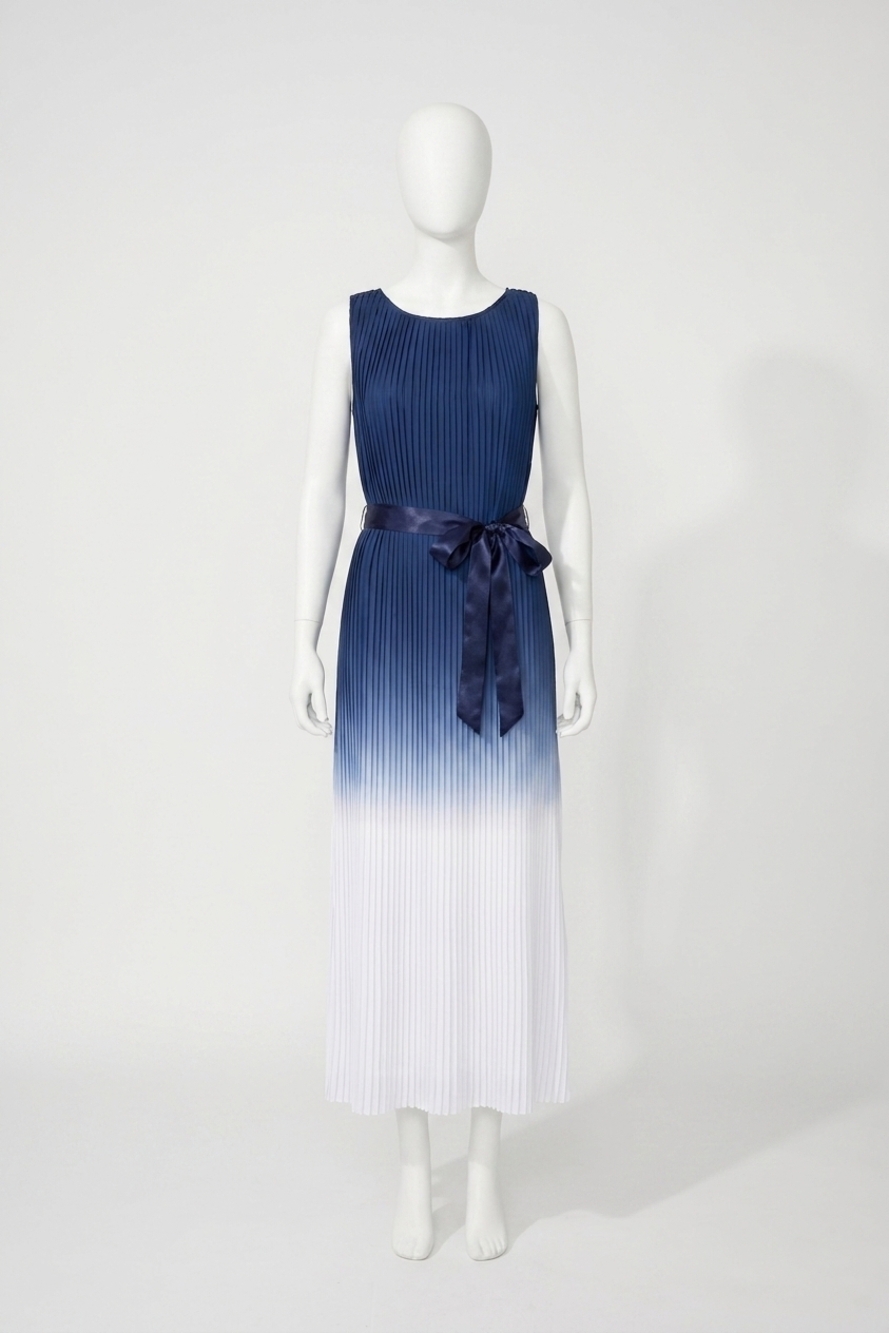 NEW FRANK LYMAN ombré pleated long dress in navy/off-white